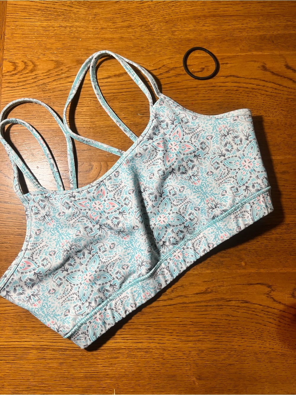 Floral Pattern Light Blue & White Strappy Sports Bra